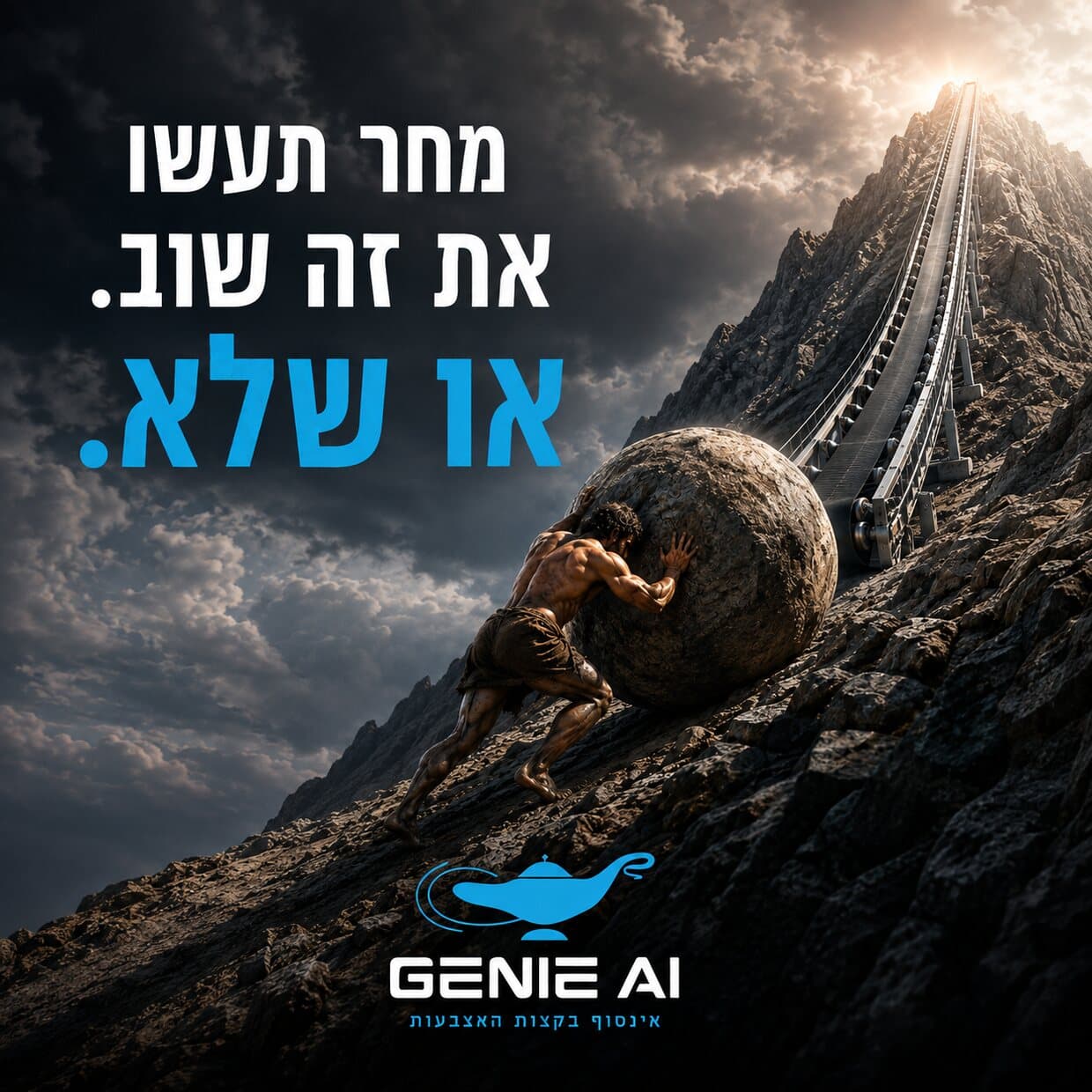 אדם דוחף סלע ענק במעלה ההר לצד מסוע אוטומטי - מחר תעשו את זה שוב, או שלא