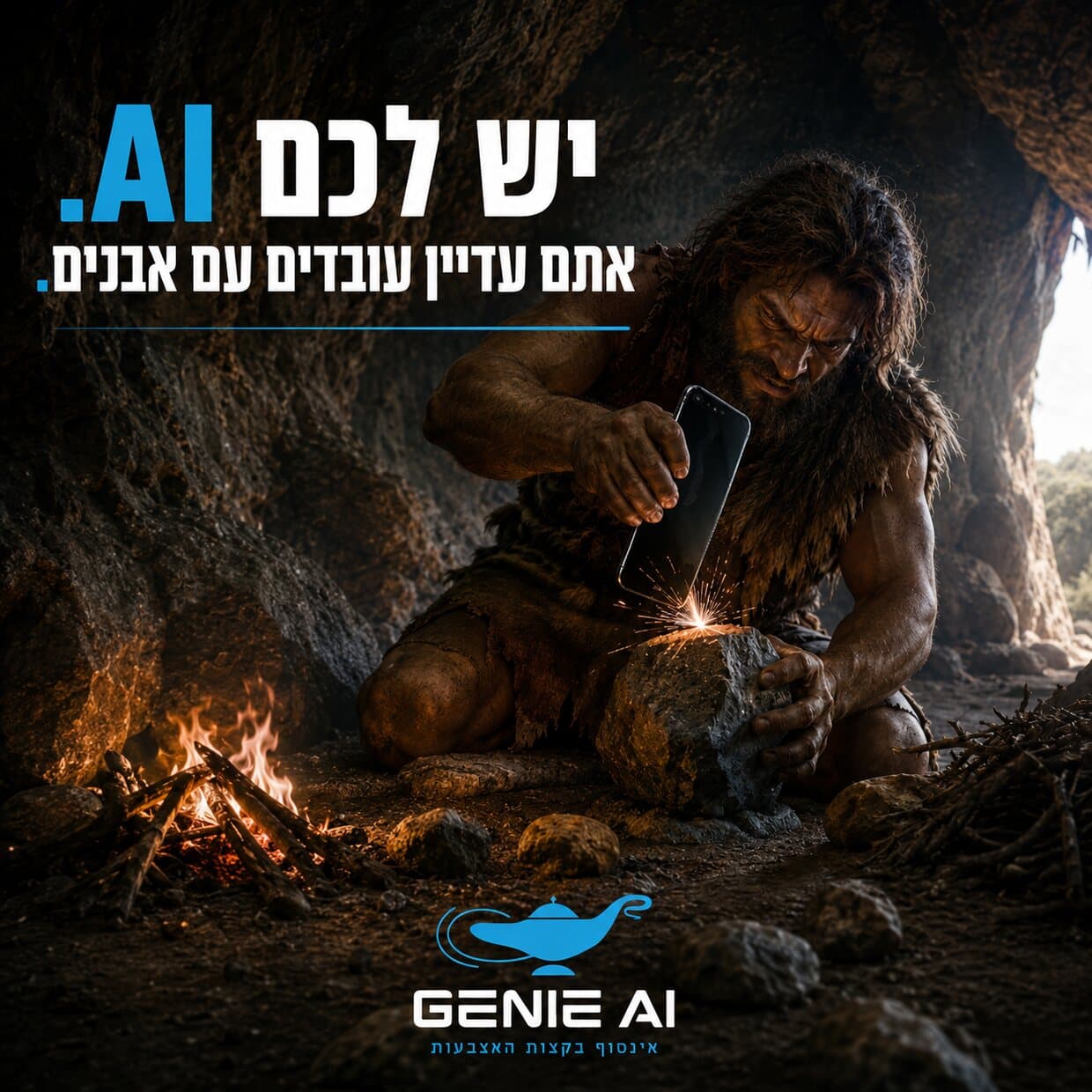 איש מערות מנסה להצית אש עם סמארטפון - יש לכם AI, אתם עדיין עובדים עם אבנים
